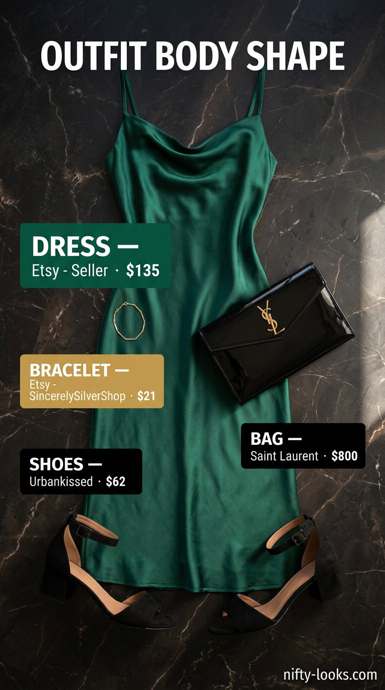 Outdoor dinner outfits summer for women 2026: Emerald green slip dress, black heeled sandals, gold jewelry, and rectangular clutch.