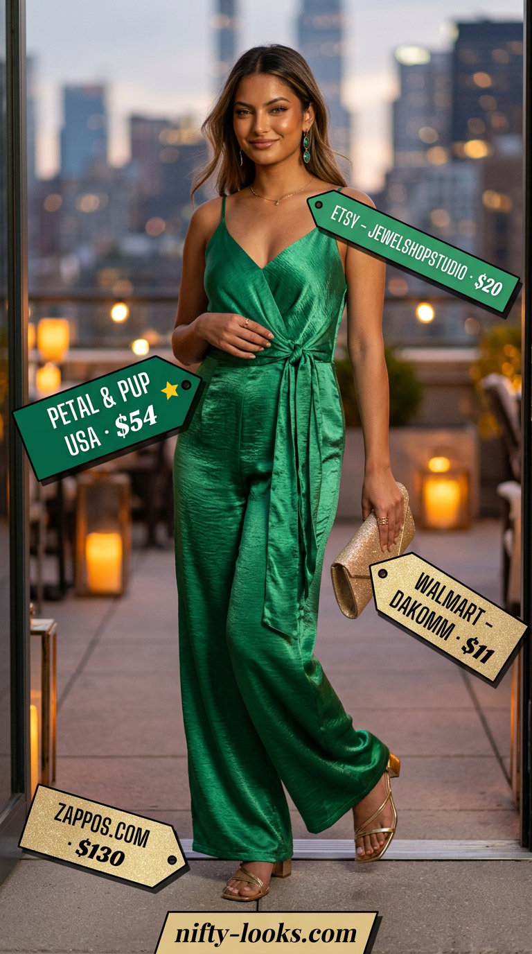 Emerald green wide-leg jumpsuit for outdoor dinner outfits summer for women 2026. Gold accessories complete this glamorous look.