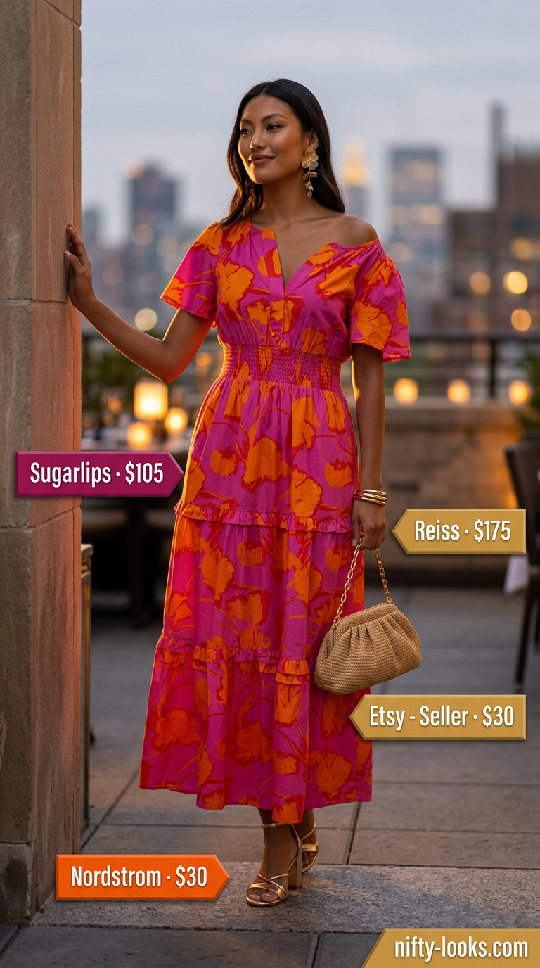 Outdoor dinner outfits summer for women 2026: Fuchsia & orange floral maxi dress, gold heeled sandals, statement earrings, and woven clutch.