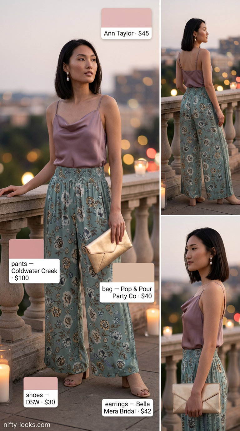 Outdoor dinner outfits summer for women 2026: Floral palazzo pants and satin camisole for a garden party.