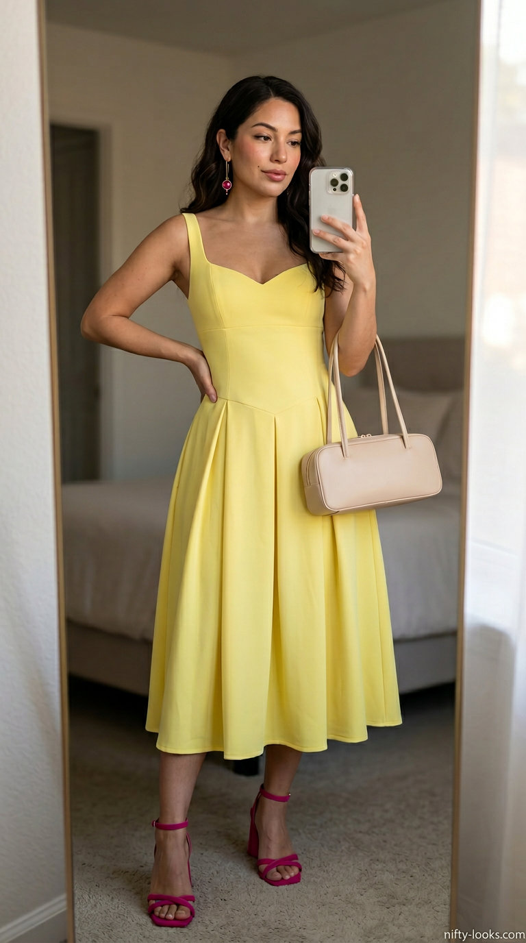 Outdoor dinner outfits summer for women 2026: Lemon yellow midi dress for a vibrant festive dinner.
