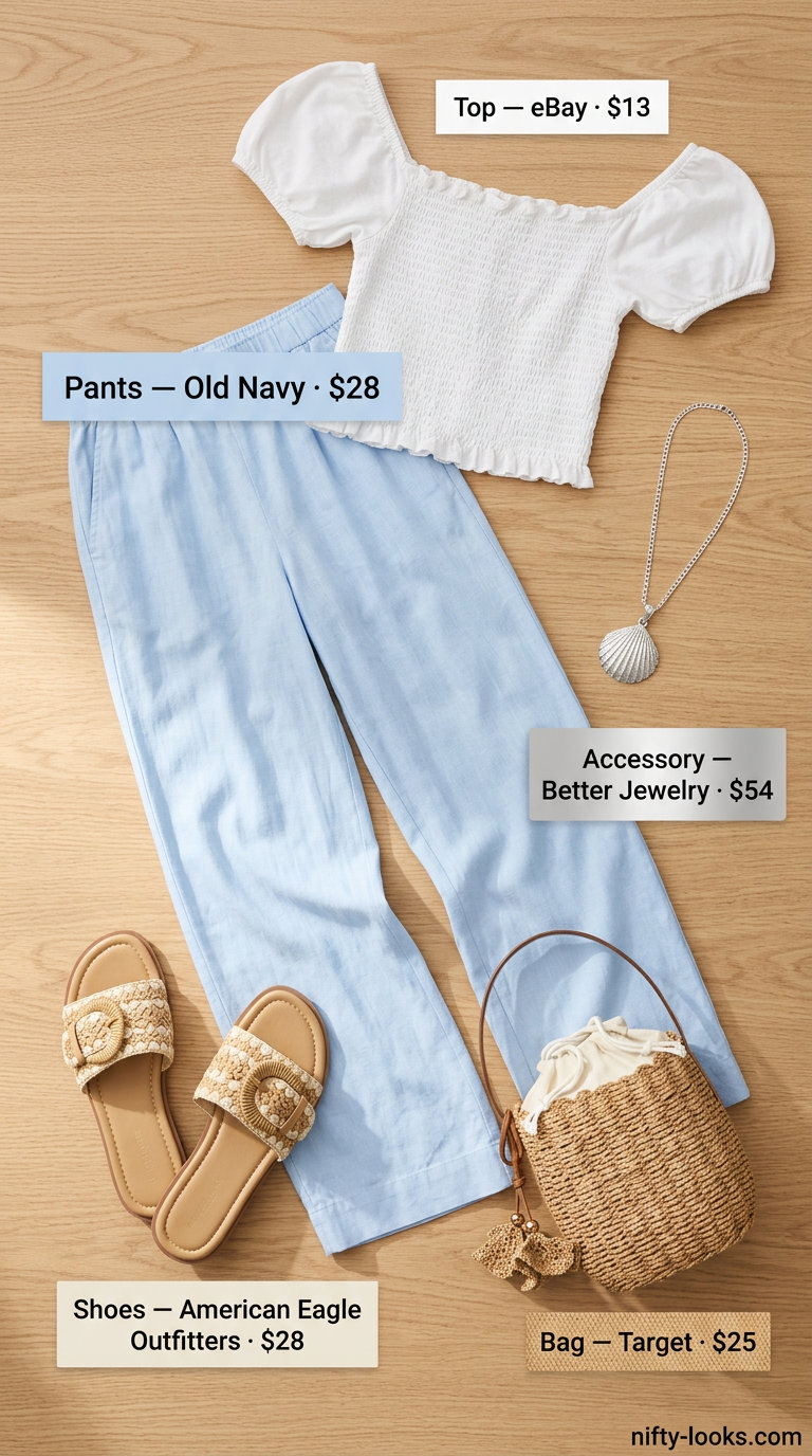 Outdoor dinner outfits summer for women 2026: Sky blue linen pants, white off-shoulder crop top, raffia slides, and seashell necklace.