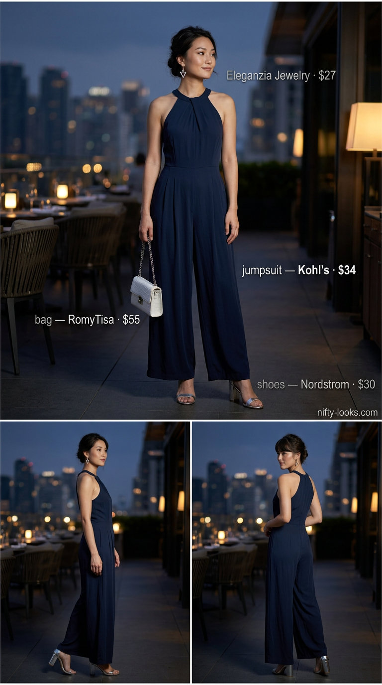 Outdoor dinner outfits summer for women 2026: Navy wide-leg halter jumpsuit, silver block heels, geometric earrings, and structured mini bag.