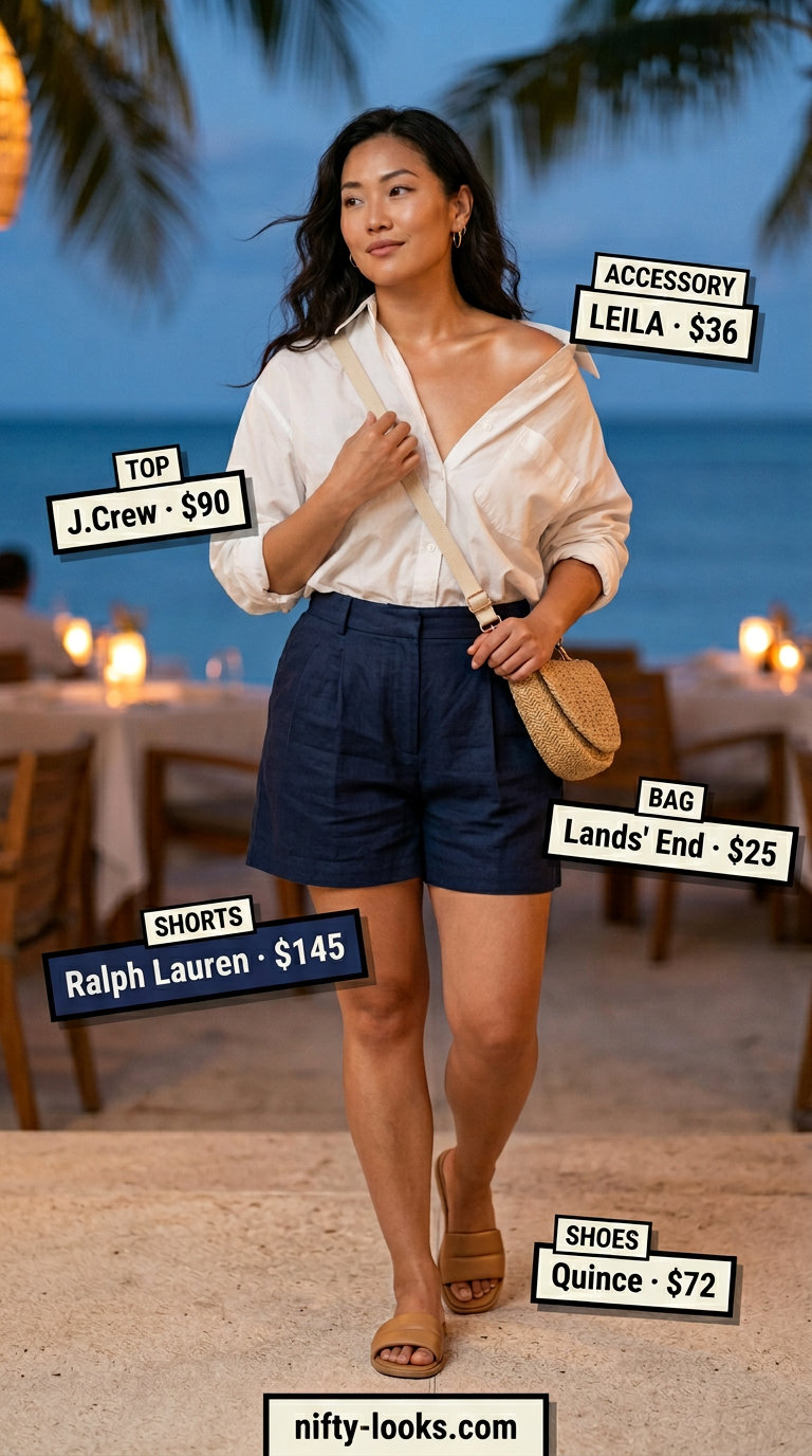 Navy linen shorts and white shirt for outdoor dinner outfits summer for women 2026. Coastal chic look.