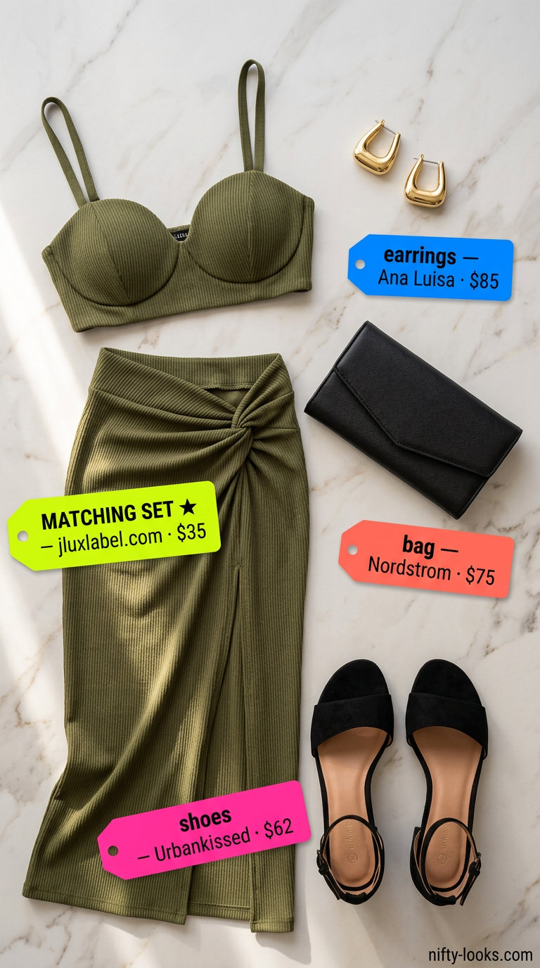 Outdoor dinner outfits summer for women 2026: Olive green linen matching set, black block heels, and chunky gold hoop earrings.