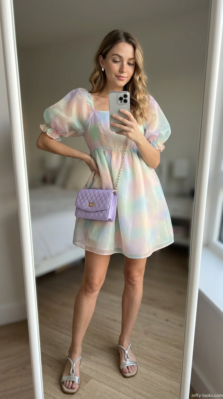 Outdoor dinner outfits summer for women 2026: Lavender ombre mini dress for a playful summer night.