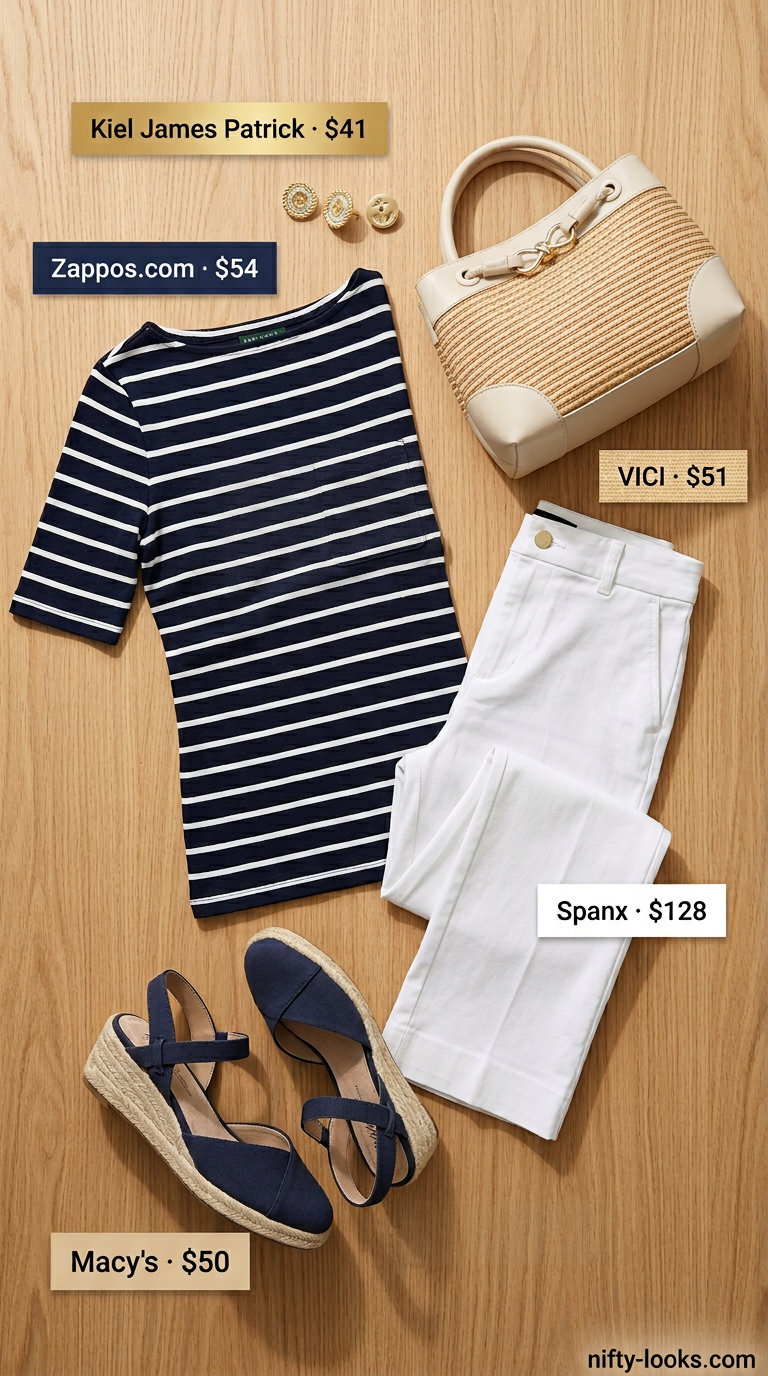 Outdoor dinner outfits summer for women 2026: Navy stripe top with white cropped pants for a seaside event.