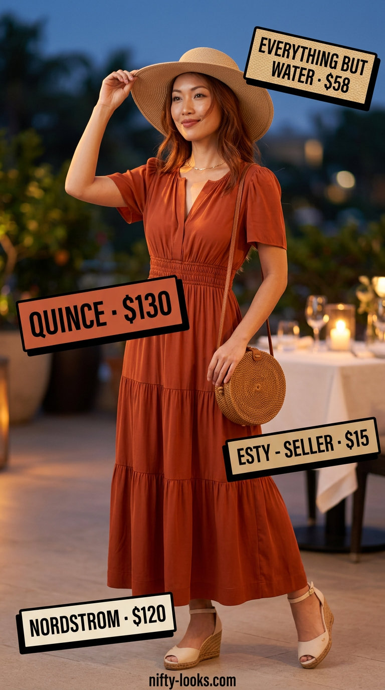 Bohemian terracotta maxi dress for outdoor dinner outfits summer for women 2026. Woven hat and espadrilles complete the look.