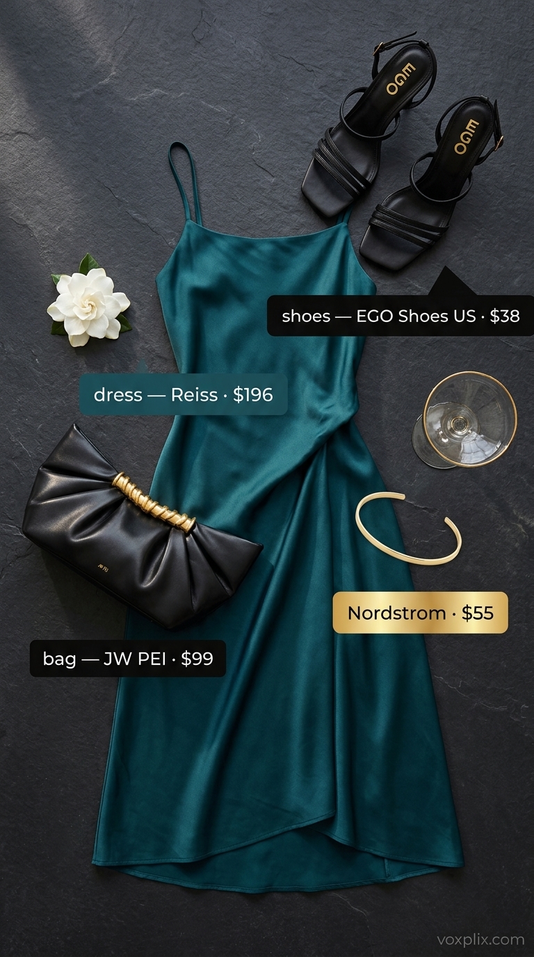 Petite Summer Dress Outfits 2026: Gallery Opening Style Petite summer dress outfits for women 2026: Deep teal satin midi dress with gold accessories for a gallery opening.