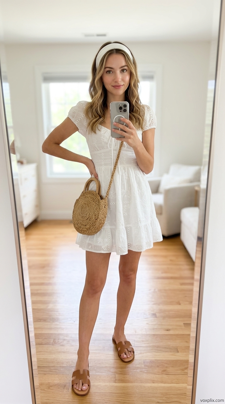 Petite Summer Dress Outfits 2026: Lakeside Retreat Style Petite summer dress outfits for women 2026: White eyelet mini dress with straw bag and leather sandals for a lakeside retreat.