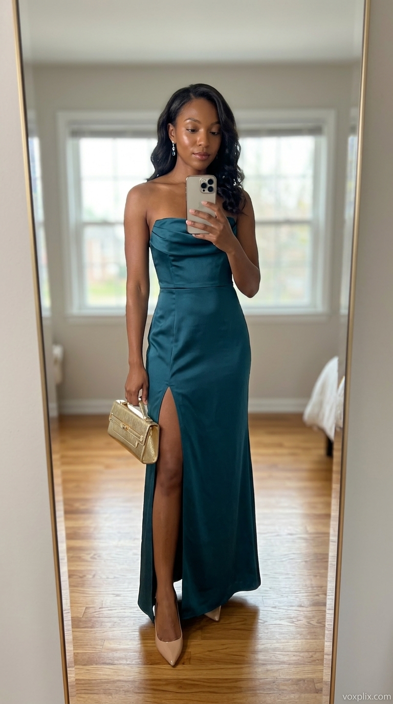 Petite Summer Dress Outfits 2026: Sophisticated Summer Soirée Petite summer dress outfits for women 2026: Deep teal satin midi dress with nude pumps and gold clutch for a summer soirée.