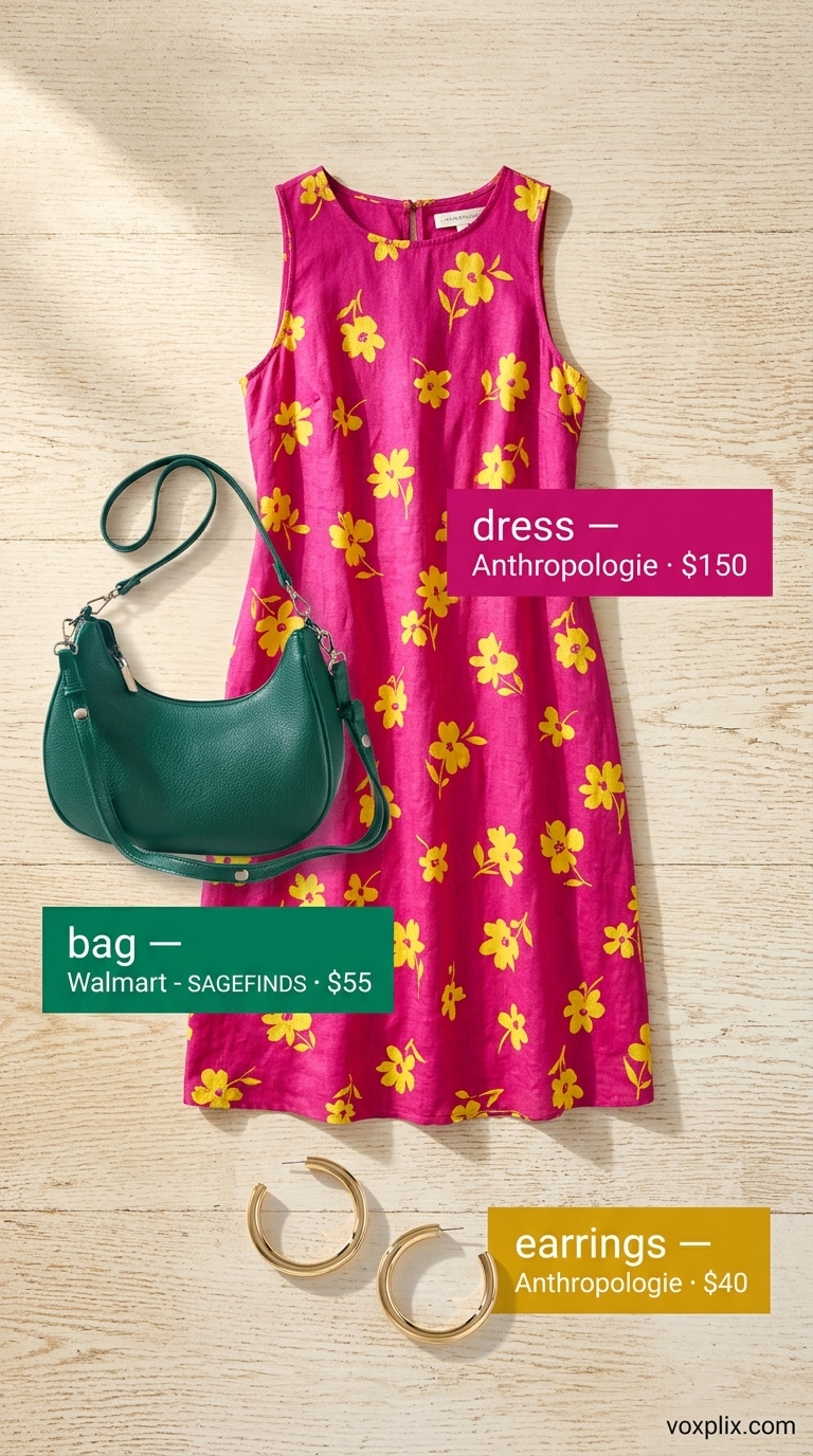 Petite Summer Dress Outfits 2026: Vibrant Tropic Breeze Petite summer dress outfits for women 2026: Fuchsia tropical print mini wrap dress with emerald green bag and gold sandals.