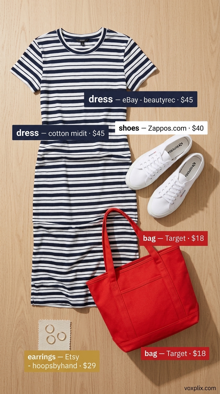 Petite Summer Dress Outfits 2026: Effortless Weekend Getaway Petite summer dress outfits for women 2026: Navy stripe midi t-shirt dress with red tote and white sneakers for a casual getaway.