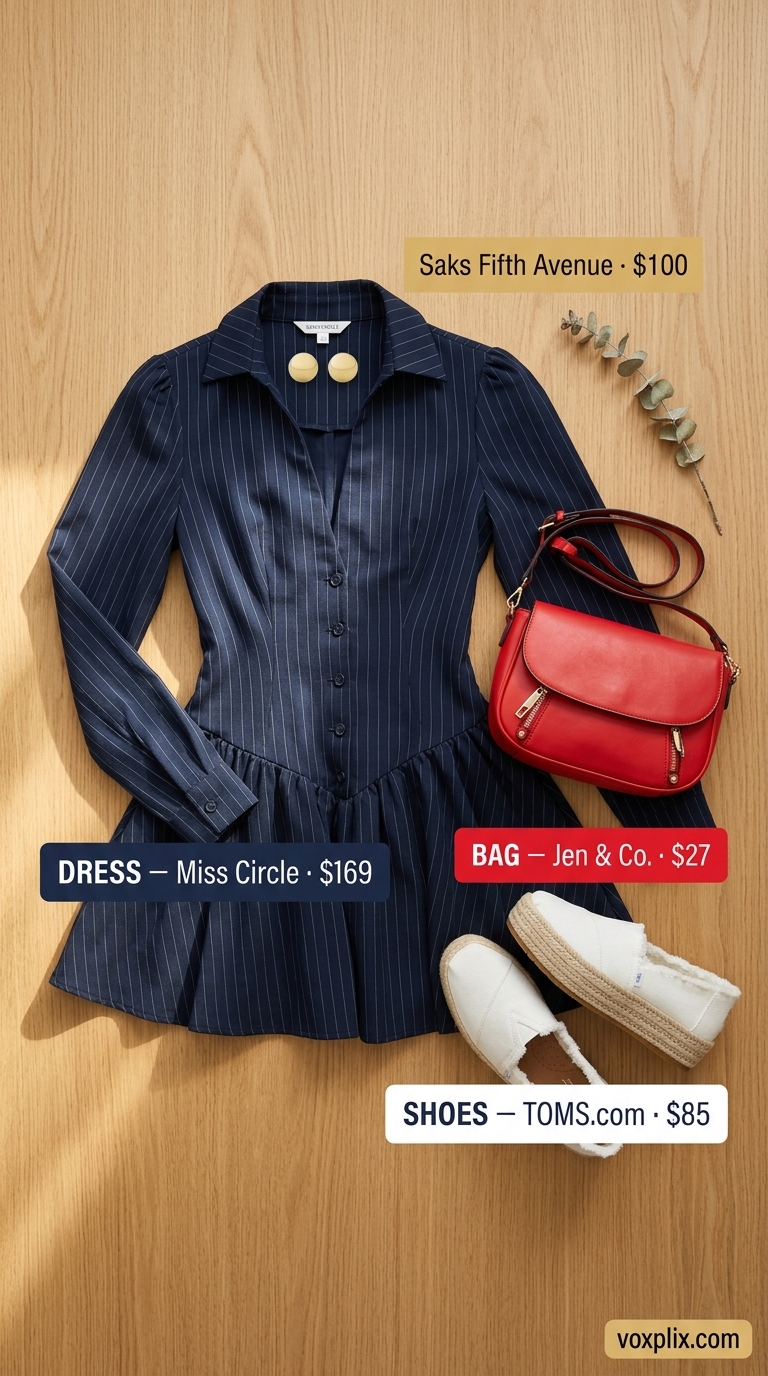 Petite Summer Dress Outfits 2026: Weekend Nautical Style Petite summer dress outfits for women 2026: Navy pinstripe shirtdress with red bag and white espadrilles for a nautical look.