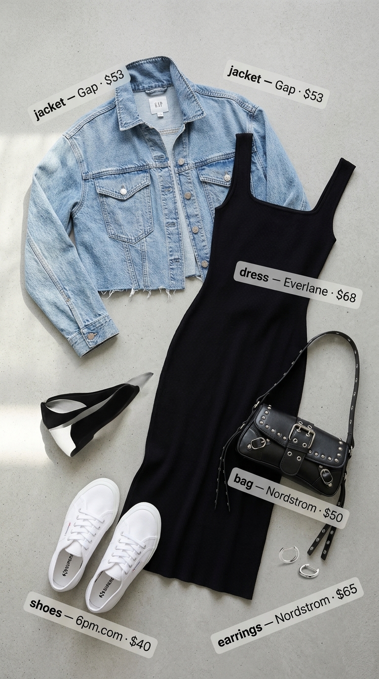 Petite Summer Dress Outfits 2026: Downtown Chic Look Petite summer dress outfits for women 2026: Black ribbed midi dress with denim jacket and sneakers for downtown chic.