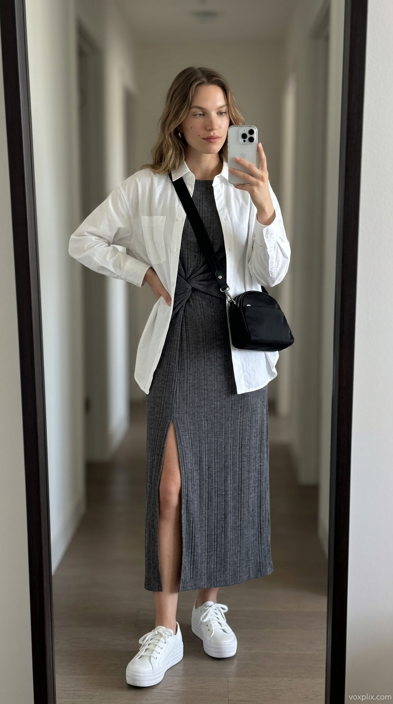 Petite Summer Dress Outfits 2026: Urban Chic Petite summer dress outfits for women 2026: Charcoal midi dress, white shirt, white sneakers for city exploring.