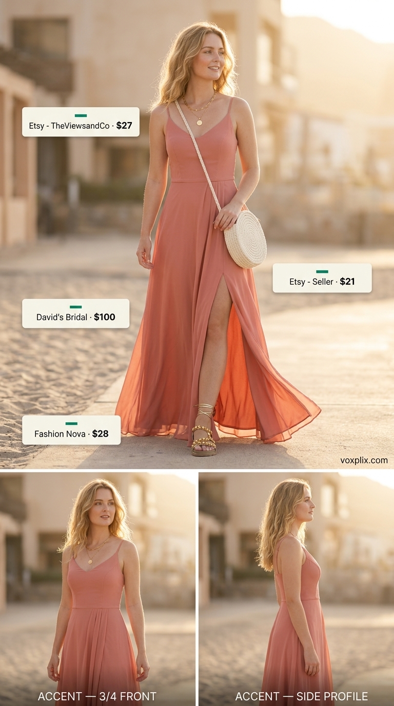 Petite Summer Dress Outfits 2026: Bohemian Beach Style Petite summer dress outfits for women 2026: Coral chiffon maxi dress for a bohemian beach vacation or festival.