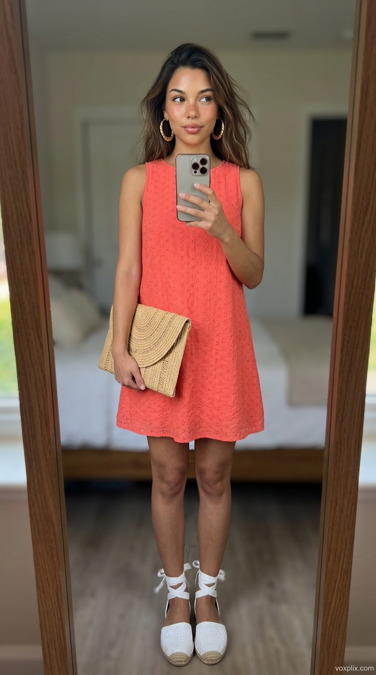 Petite Summer Dress Outfits 2026: Island Dinner Petite summer dress outfits for women 2026: Coral tiered dress, gold hoops, espadrilles for vacation dinner.
