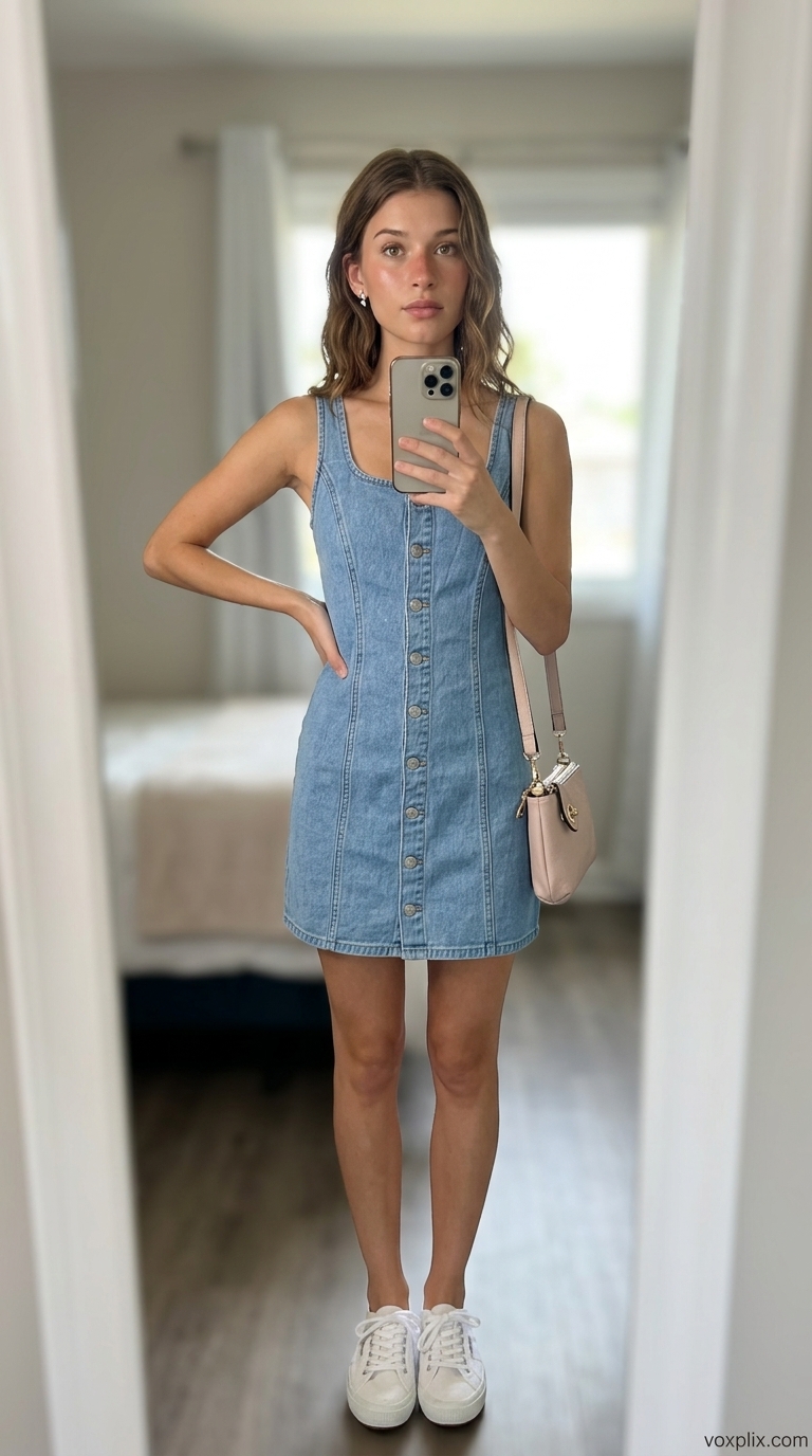 Petite Summer Dress Outfits 2026: Sweet Casual Style Petite summer dress outfits for women 2026: Light wash denim mini dress for a sweet park day or casual weekend errands.
