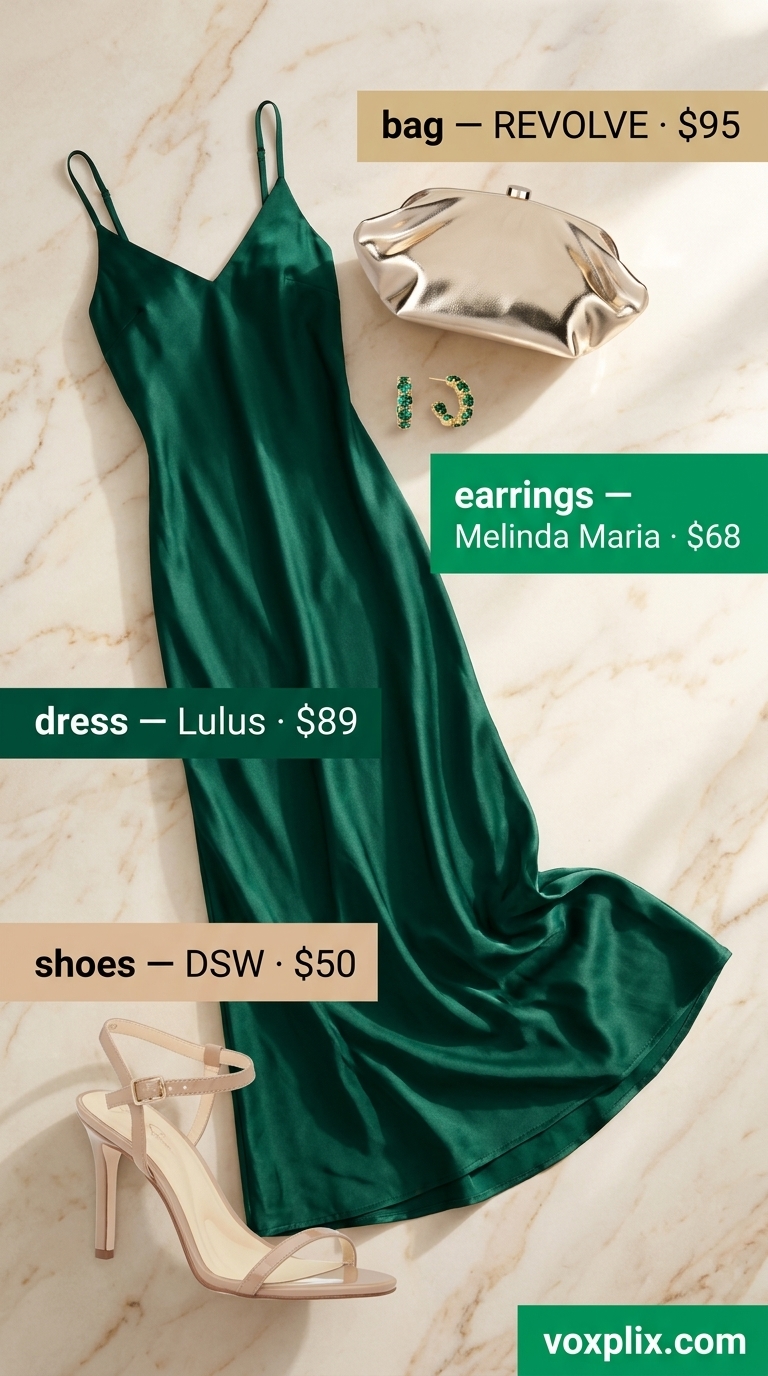 Petite Summer Dress Outfits 2026: Glamorous Evening Look Petite summer dress outfits for women 2026: Emerald green slip maxi dress with gold accessories for a glamorous evening event.