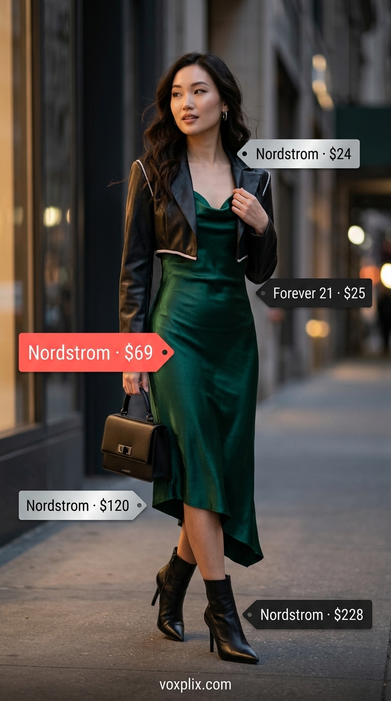 Petite Summer Dress Outfits 2026: Gallery Glam Petite summer dress outfits for women 2026: Emerald slip dress, black jacket, black boots for gallery opening.
