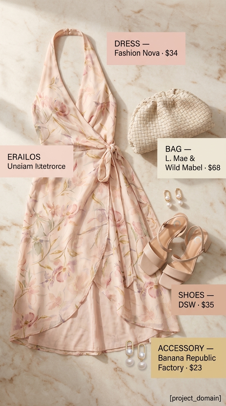 Petite Summer Dress Outfits 2026: Romantic Garden Party Petite summer dress outfits for women 2026: Blush pink floral midi wrap dress for a romantic garden party or wedding guest.