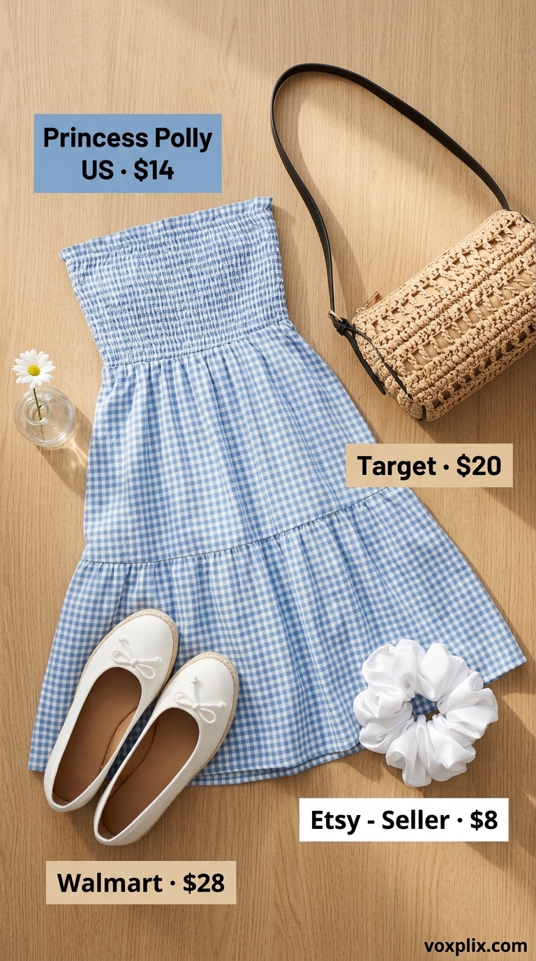 Petite Summer Dress Outfits 2026: Lakeside Picnic Petite summer dress outfits for women 2026: Pale blue gingham dress, white espadrilles, straw tote for picnic.