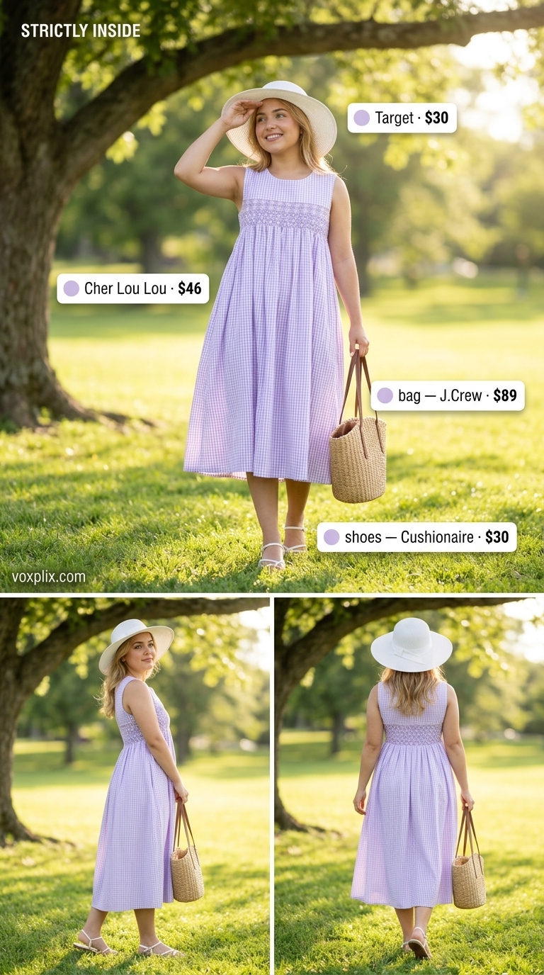 Petite Summer Dress Outfits 2026: Sweet Picnic Style Petite summer dress outfits for women 2026: Lavender gingham sundress for a sweet picnic or daytime gathering.