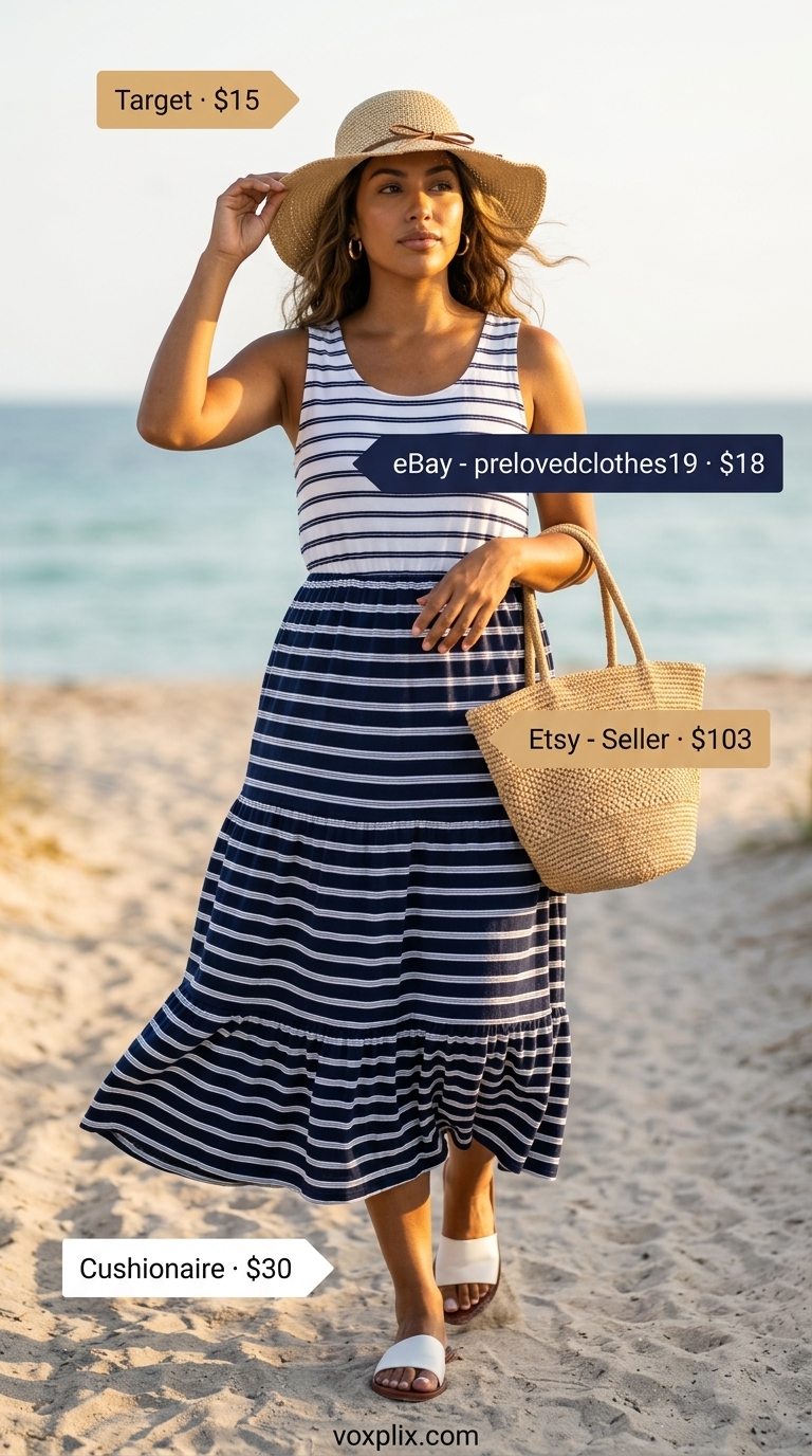Petite Summer Dress Outfits 2026: Coastal Vacation Petite summer dress outfits for women 2026: Navy and white striped maxi dress, white sandals, straw hat for vacation.