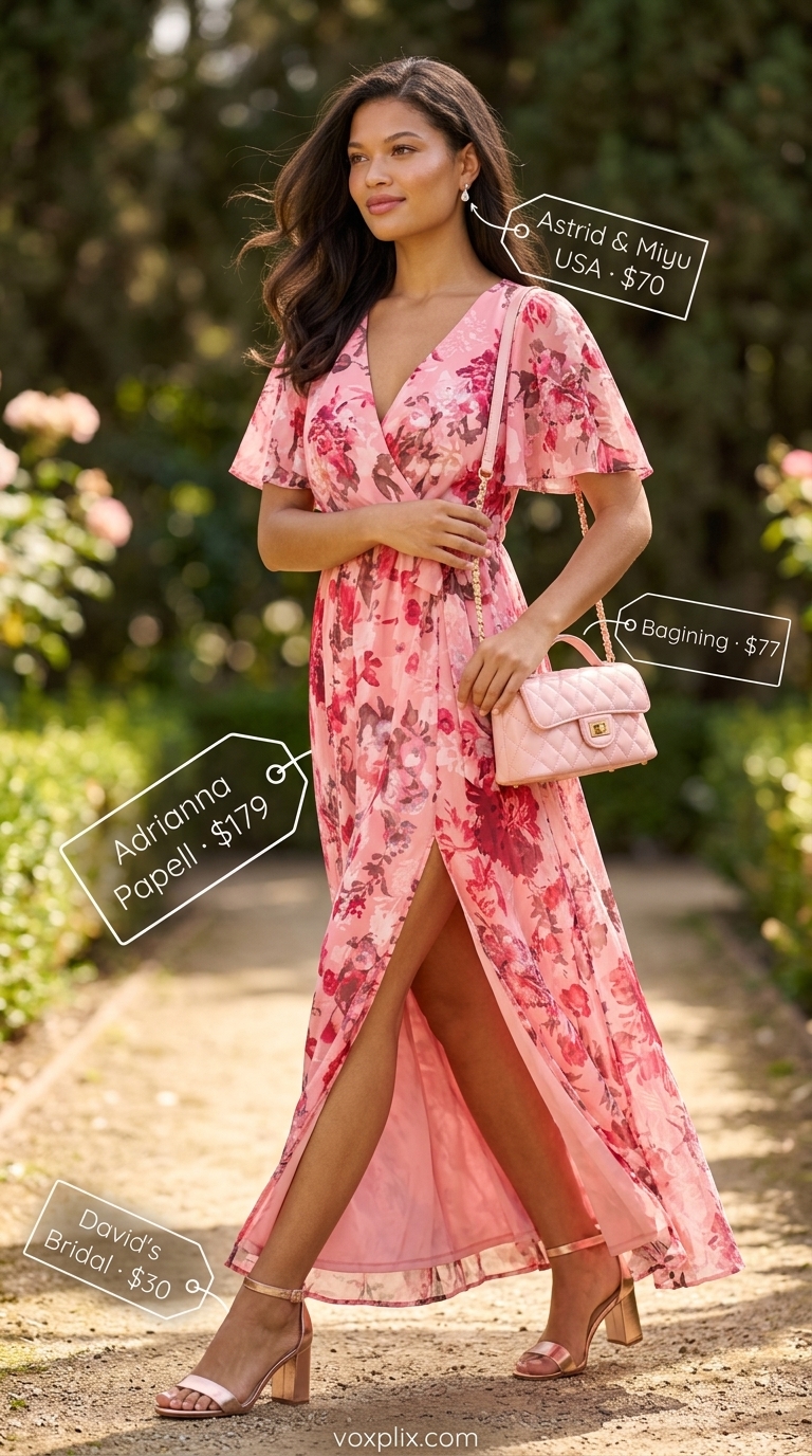 Petite Summer Dress Outfits 2026: Garden Party Petite summer dress outfits for women 2026: Blush pink floral wrap dress, rose gold heels for garden party.