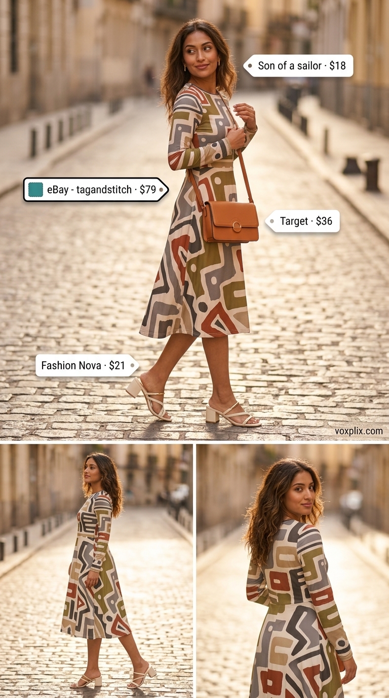 Petite Summer Dress Outfits 2026: Artsy Event Petite summer dress outfits for women 2026: Terracotta print dress, tan bag, cream mules for art event.