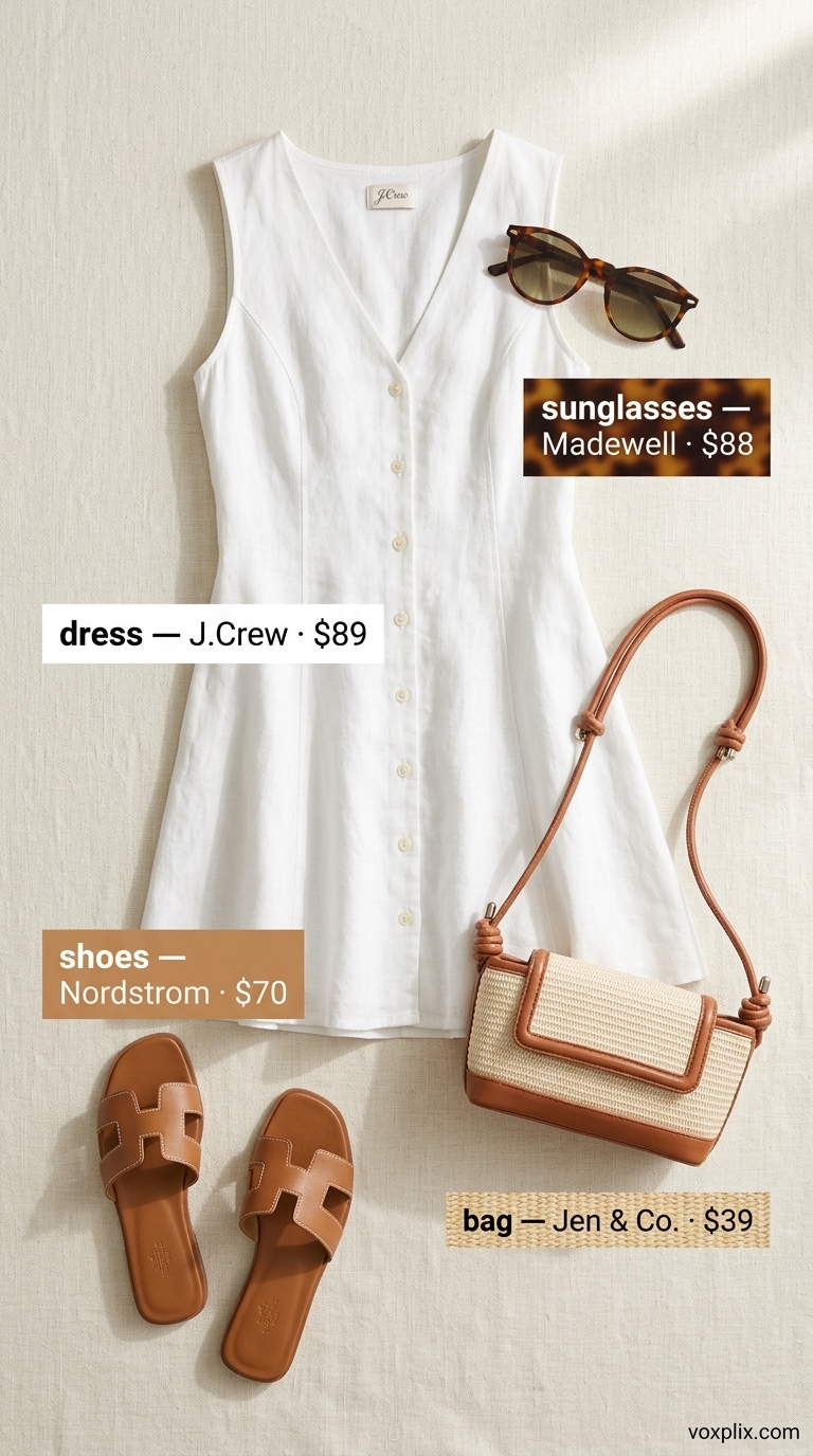 Petite Summer Dress Outfits 2026: Elegant Resort Style Petite summer dress outfits for women 2026: Crisp white linen mini dress for elegant resort brunch or vacation sightseeing.