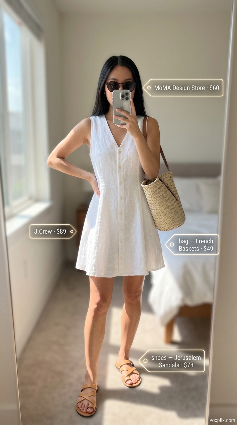 Petite Summer Dress Outfits 2026: Coastal Beach Style Petite summer dress outfits for women 2026: White linen shirtdress for a relaxed beach day or casual lunch.