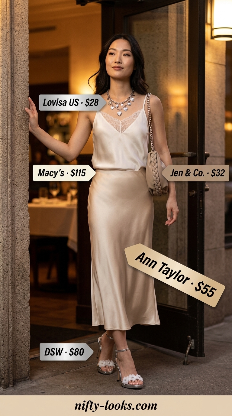 Pink Coquette Summer Outfits 2026: Blush Satin Slip Skirt Pink coquette summer outfits for women 2026: Blush pink satin slip skirt with lace camisole for date nights.