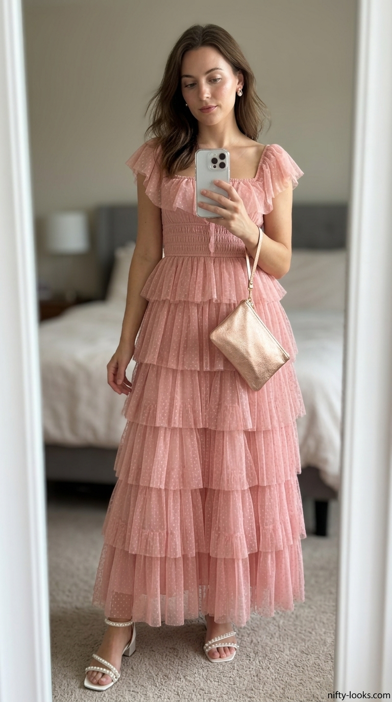 Pink Coquette Summer Outfits 2026: Bubblegum Bow Maxi Dress Pink coquette summer outfits for women 2026: Bubblegum pink tiered maxi dress with bow straps for summer weddings.