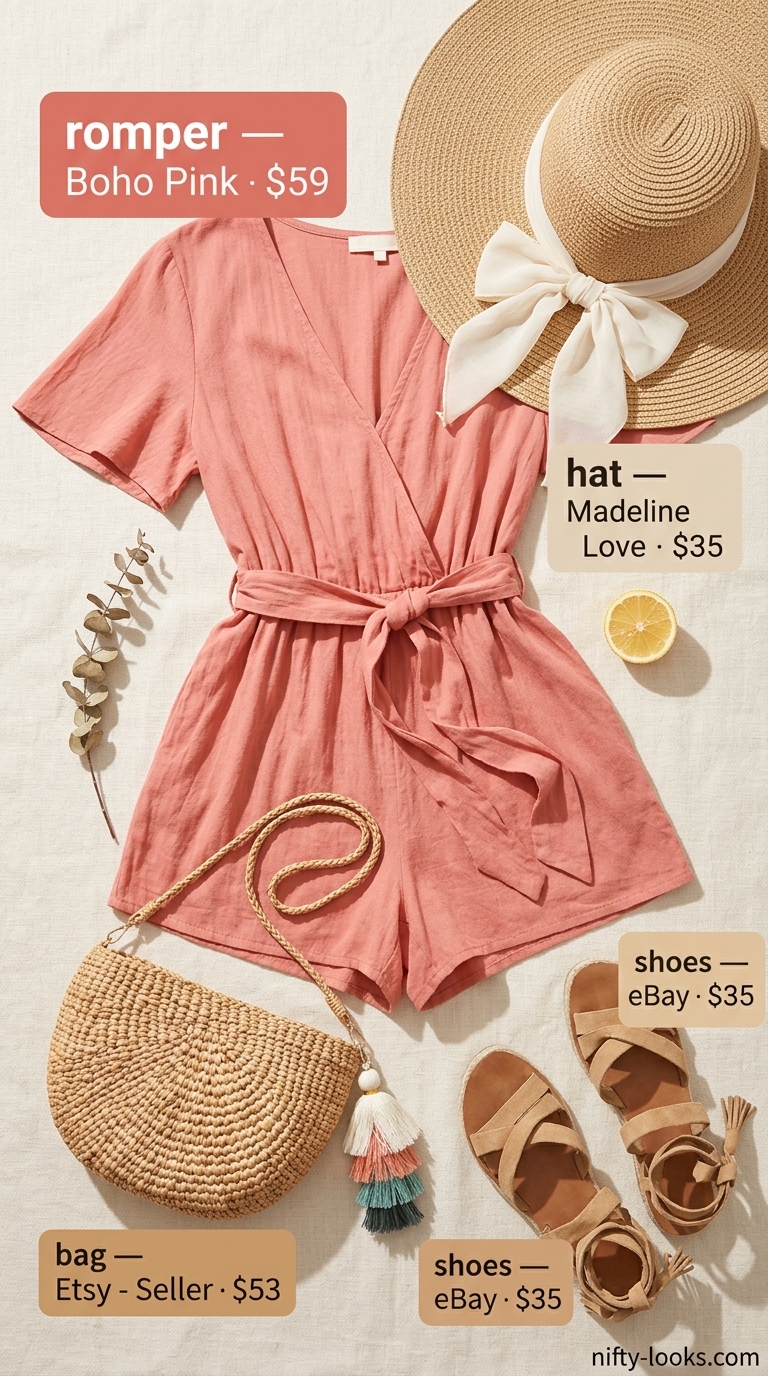Pink Coquette Summer Outfits 2026: Coral Eyelet Romper Pink coquette summer outfits for women 2026: Coral pink eyelet lace romper for beach vacations.