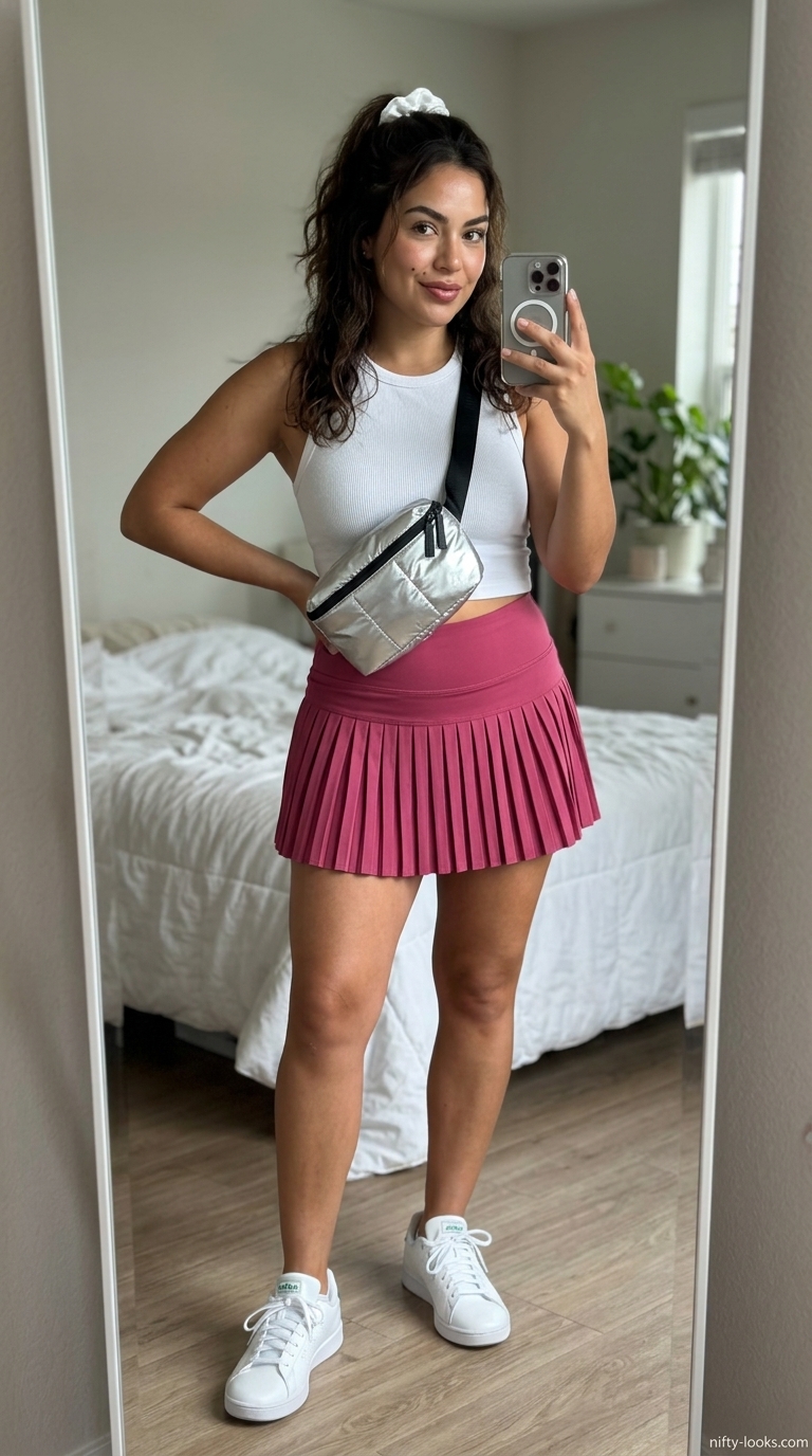 Pink Coquette Summer Outfits 2026: Hot Pink Tennis Skirt Pink coquette summer outfits for women 2026: Hot pink tennis skirt with white crop top for sporty outings.