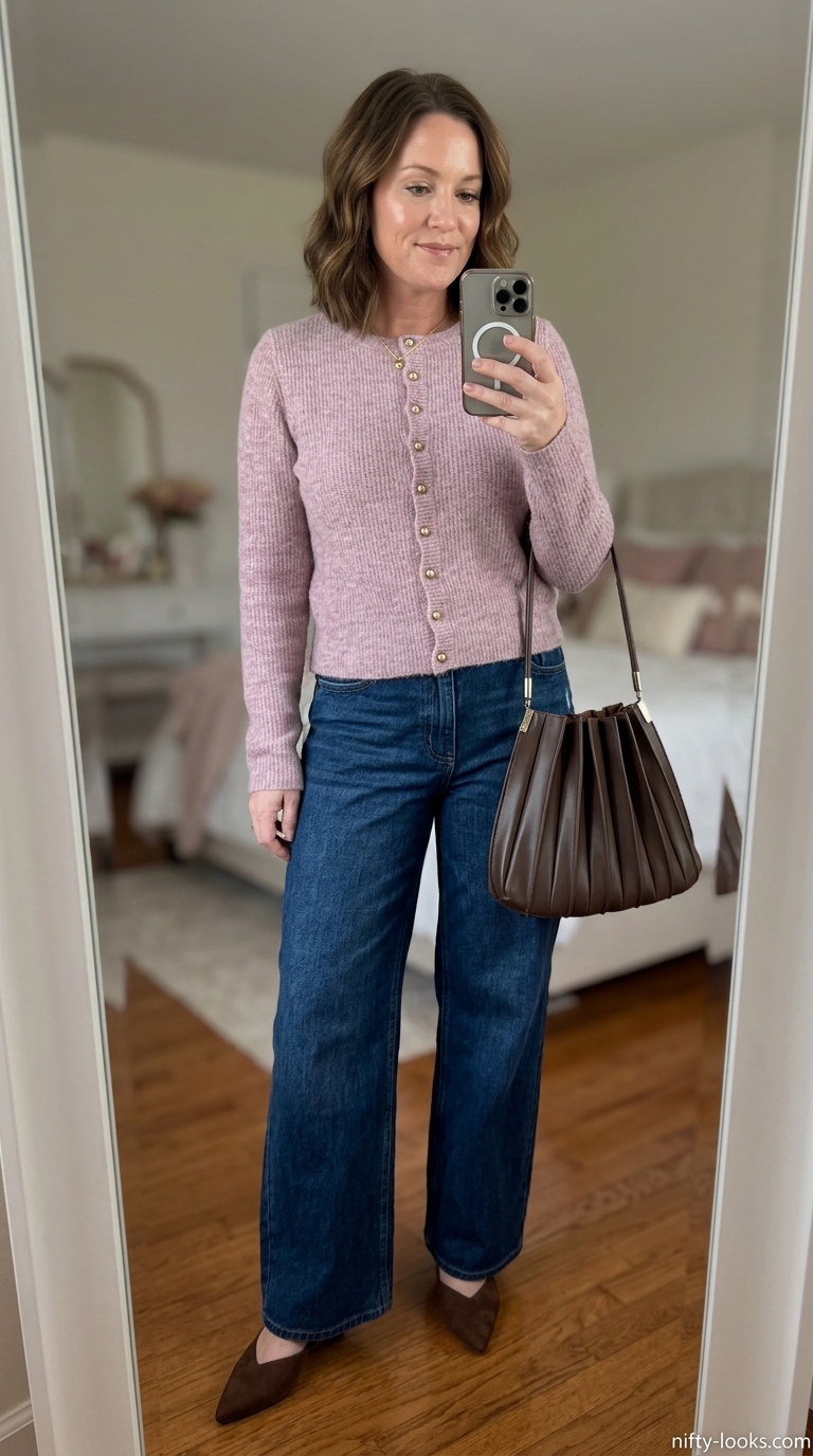 Pink Coquette Summer Outfits 2026: Mauve Knit Cardigan Top Pink coquette summer outfits for women 2026: Mauve pink knit cardigan worn as a top with wide-leg jeans.