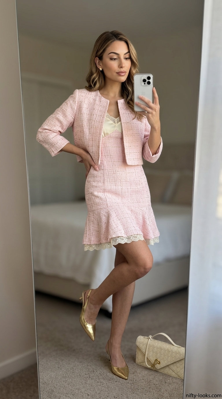 Pink Coquette Summer Outfits 2026: Parisian Chic Tweed Set Pink coquette summer outfits for women 2026: Baby pink tweed set with pearl buttons for high tea or fashion events.