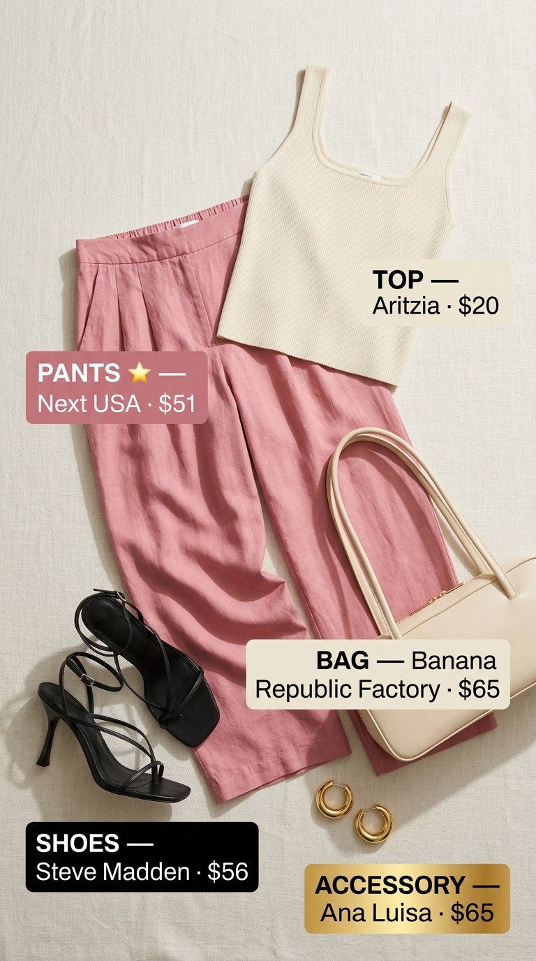 Pink Coquette Summer Outfits 2026: Blush Trousers Blush pink linen trousers outfit for women 2026: Cream knit top, corset, and mules for resort wear.