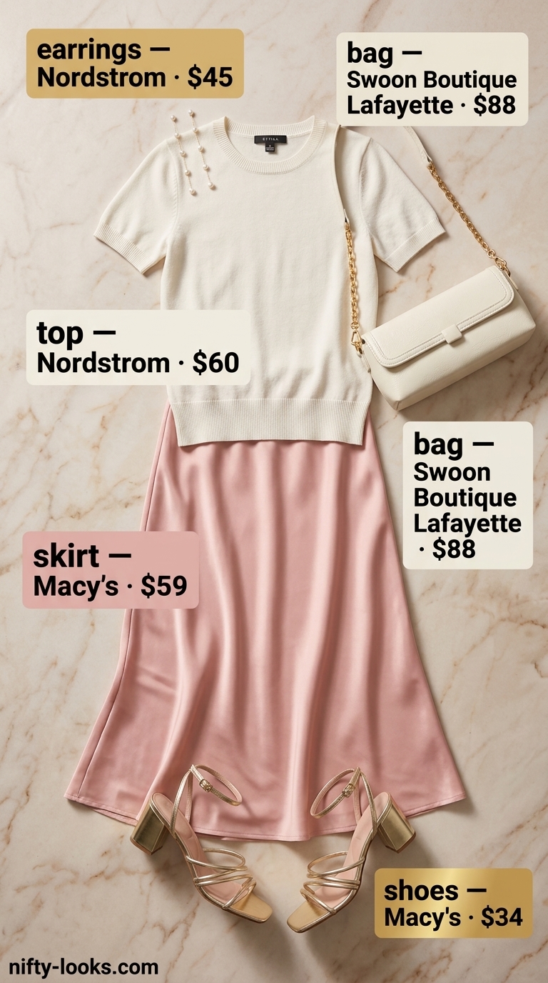 Elegant Blush Pink Coquette Outfits 2026 Blush pink satin slip skirt with knit top for an elegant date night. Pink coquette summer outfits for women 2026.