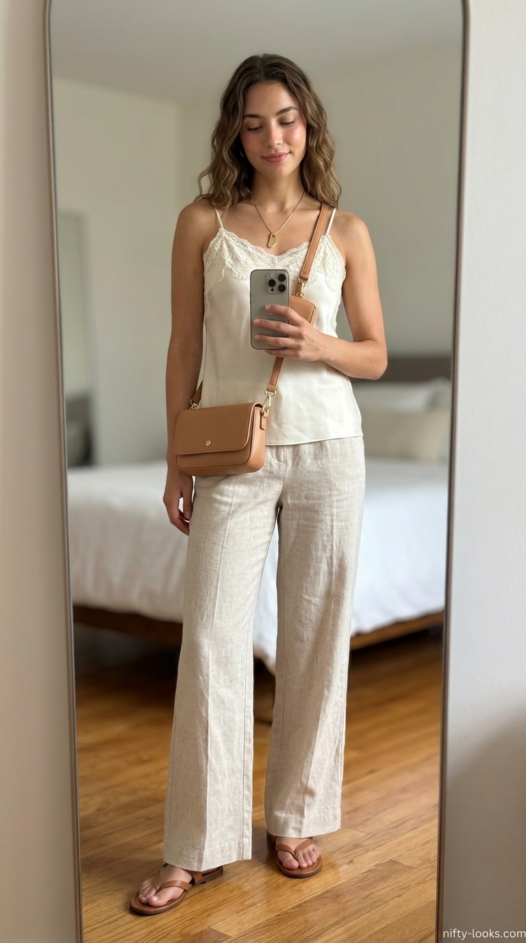 Pink Coquette Summer Outfits 2026: Dusty Rose Pants Dusty Rose linen pants outfit for women 2026: Cream cami, tan bag, and leather slides for a chic lunch.