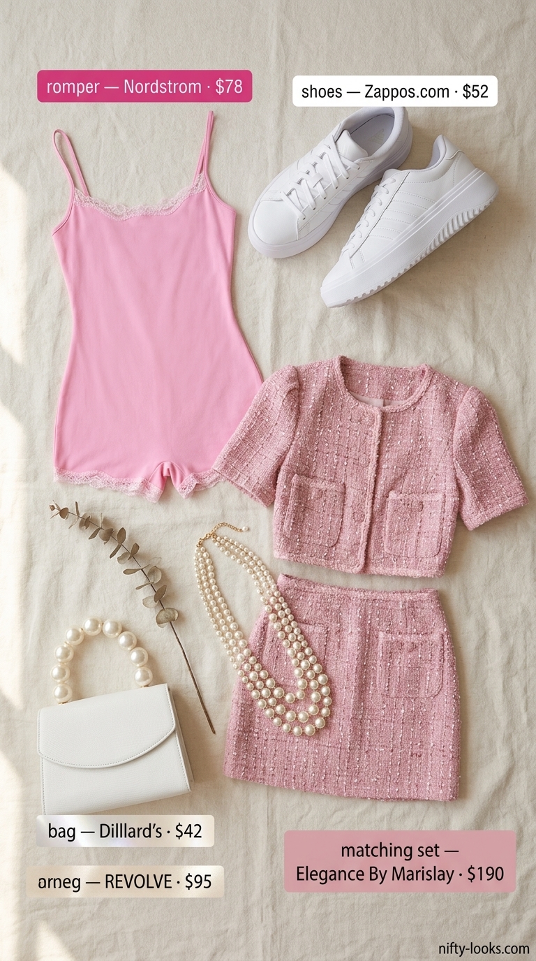 Pink Coquette Summer Outfits 2026: Fuchsia Tweed Set Fuchsia tweed matching set outfit for women 2026: Crop top, mini skirt, pearls for summer party.