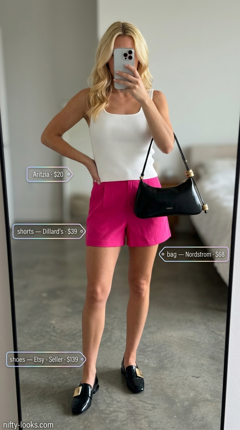 Pink Coquette Summer Outfits 2026: Hot Pink Shorts Hot pink shorts outfit for women 2026: White blouse, espadrilles, and mini bag for city exploration.