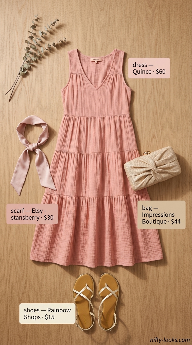 Pink Coquette Summer Outfits 2026: Pale Pink Maxi Pale pink maxi dress outfit for women 2026: Gold sandals, woven clutch for beach vacation.