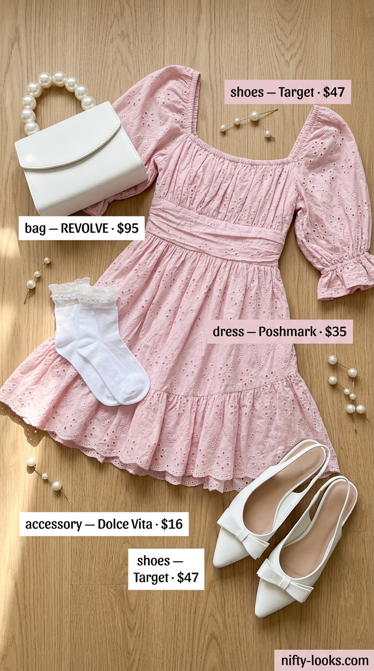 Pink Coquette Summer Outfits 2026: Pastel Pink Dress Pastel pink babydoll dress outfit for women 2026: White socks, ballet flats for brunch.