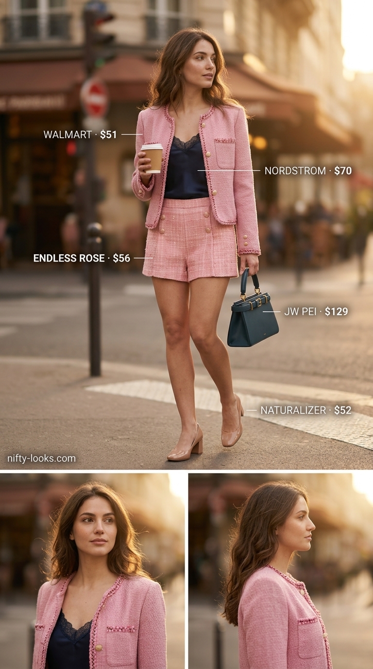 Chic Dusty Rose Pink Coquette Outfits 2026 Dusty rose pink tweed shorts and jacket for a chic high tea. Pink coquette summer outfits for women 2026.