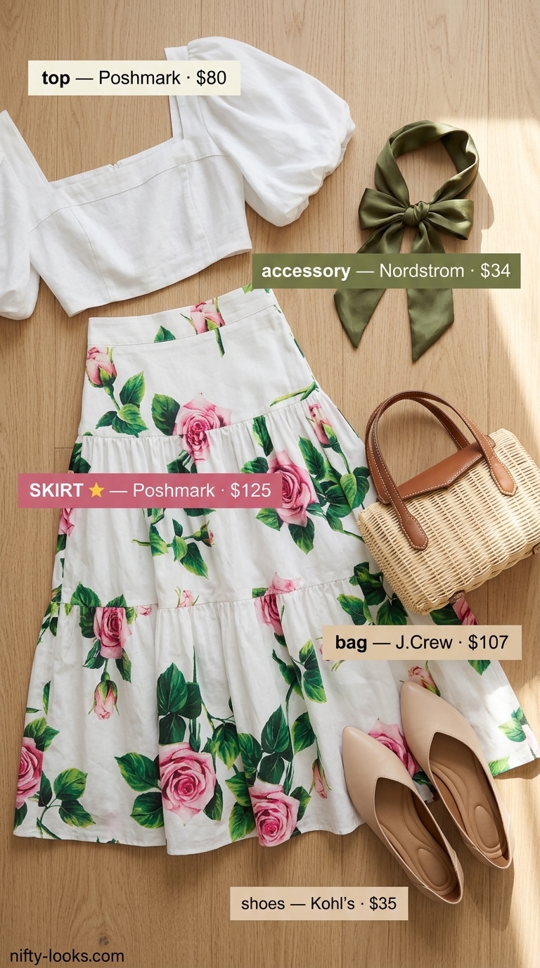 Charming Rose Pink Coquette Outfits 2026 Rose pink floral midi skirt with puff-sleeve crop top for a charming garden party. Pink coquette summer outfits for women 2026.