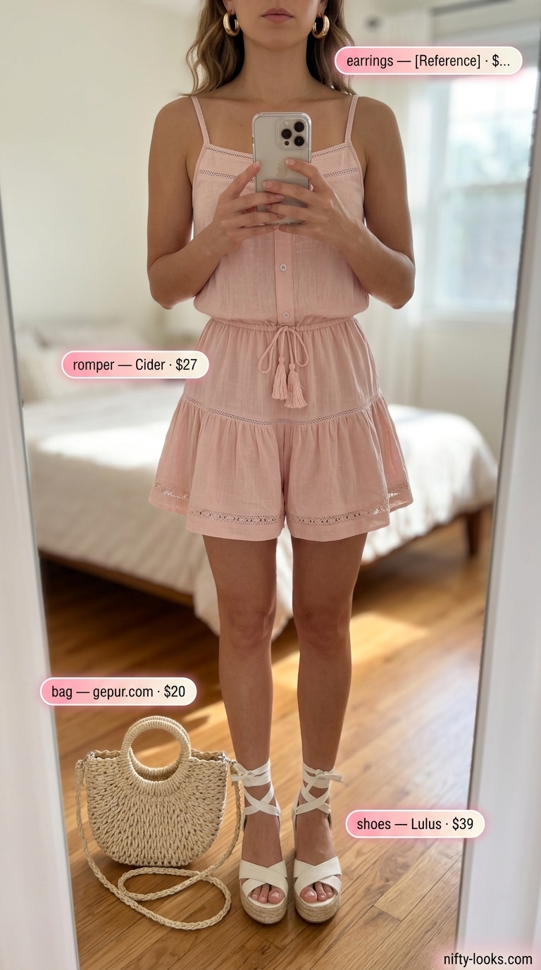 Sweet Ruffled Pink Coquette Outfits 2026 Light pink linen romper with ruffle trim for a sweet casual outing. Pink coquette summer outfits for women 2026.