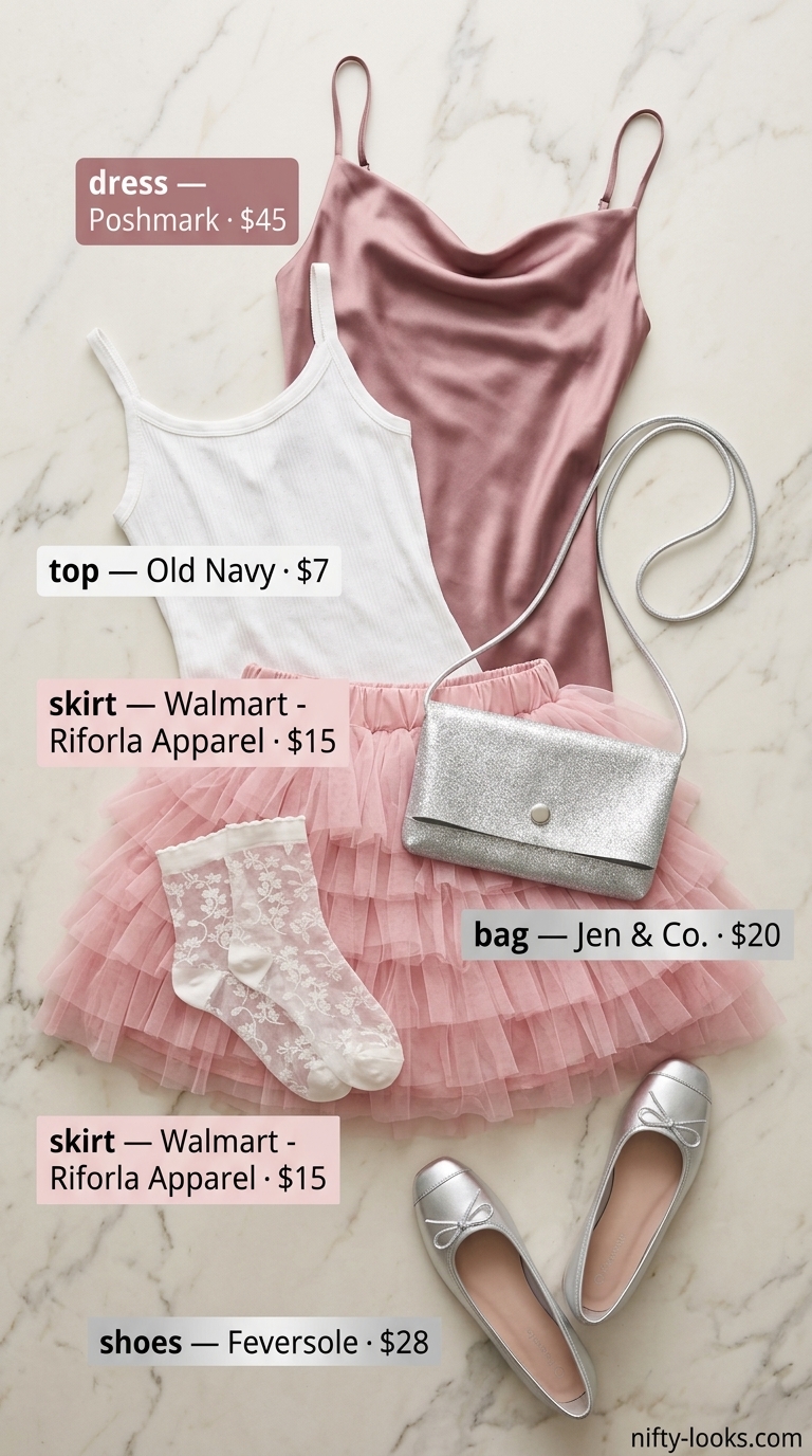 Whimsical Tulle Pink Coquette Outfits 2026 Rose pink tulle skirt and satin slip dress for a whimsical themed party. Pink coquette summer outfits for women 2026.